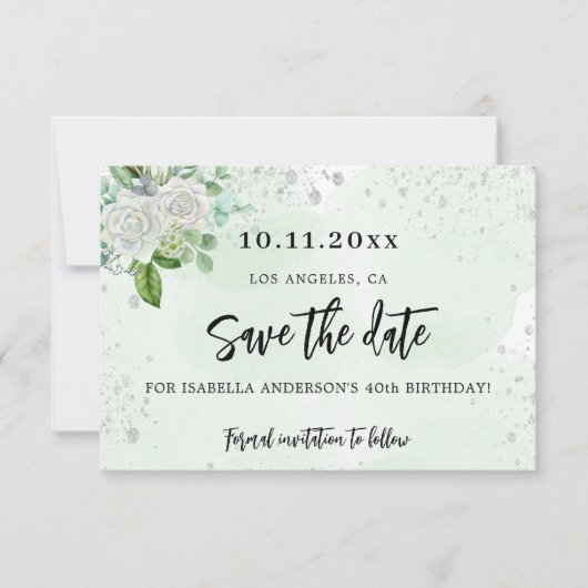 誕生日パーティーフローラ白エレガント緑 セーブザデート (正面)