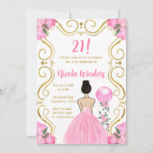 誕生日パーティーブラウン髪プリンセスインピンク 招待状 (正面)