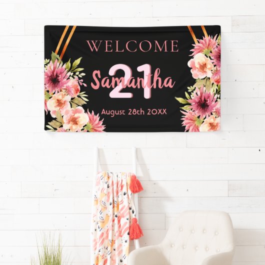 誕生日パーティーブラック赤面ピンク花模様 横断幕 (インサイチュ)