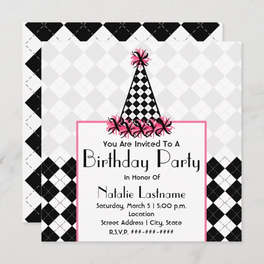 誕生日パーティーブラック&ピンク(アーガイル柄のパーティーハット付き) 招待状 (正面/裏面)
