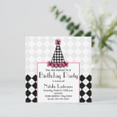 誕生日パーティーブラック&ピンク(アーガイル柄のパーティーハット付き) 招待状 (スタンド正面)