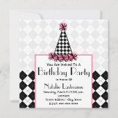 誕生日パーティーブラック&ピンク(アーガイル柄のパーティーハット付き) 招待状 (正面)