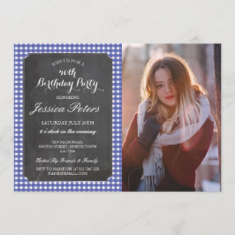 誕生日パーティーブルーチェック素朴チョーク写真 招待状