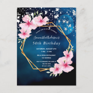 誕生日パーティーブルーピンク花模様招待 ポストカード