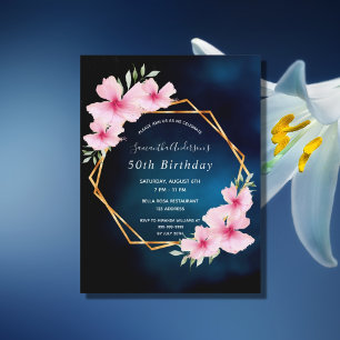 誕生日パーティーブルーピンク花模様招待 ポストカード