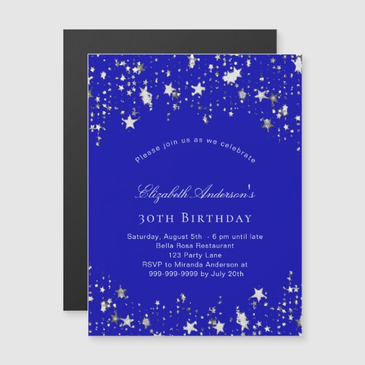 誕生日パーティーブルー王室のスターズ豪華な マグネット招待状 (正面/裏面)