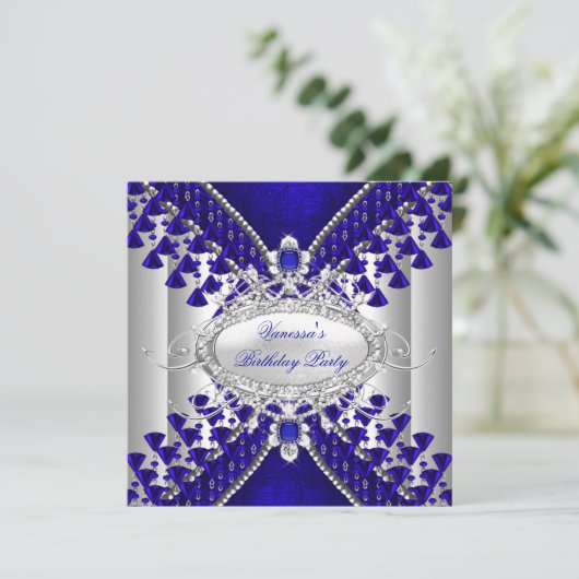 誕生日パーティーブルー王室のホワイトダイヤモンドビーズイメージ 招待状 (スタンド正面)