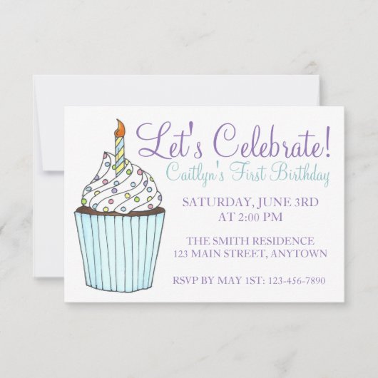 誕生日パーティーブルー祝カップケーキケーキしよう 招待状 (正面)