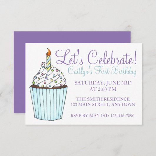 誕生日パーティーブルー祝カップケーキケーキしよう 招待状 (正面/裏面)