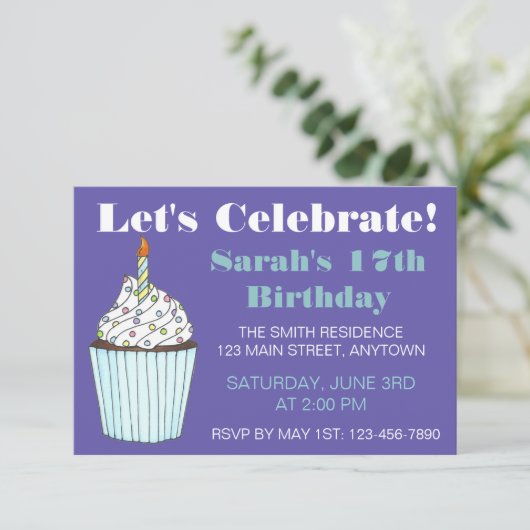 誕生日パーティーブルー祝カップケーキケーキしよう 招待状 (スタンド正面)