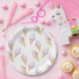 誕生日パーティープレートと甘いアイスクリーム。 ペーパープレート
