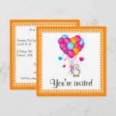 誕生日パーティーペンギンハートバルーンカスタマイズ可能 招待状 (正面/裏面)