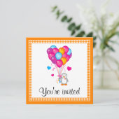 誕生日パーティーペンギンハートバルーンカスタマイズ可能 招待状 (スタンド正面)