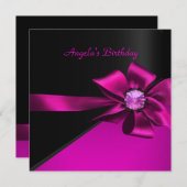 誕生日パーティーホットピンクブラックピンクボウ宝石 招待状 (正面/裏面)