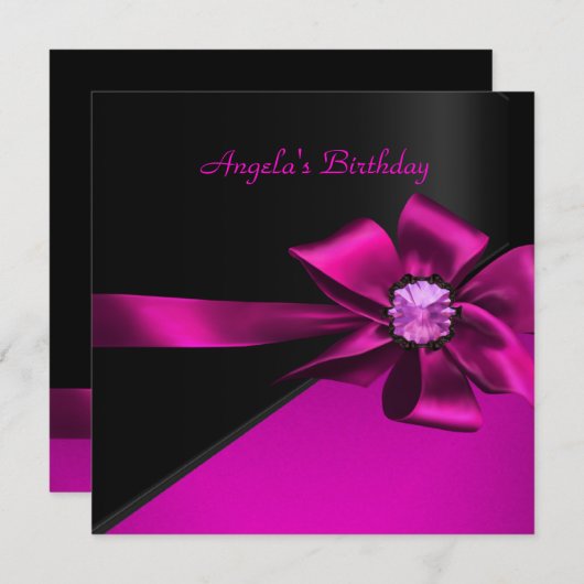 誕生日パーティーホットピンクブラックピンクボウ宝石 招待状 (正面/裏面)