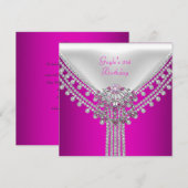 誕生日パーティーホットピンクホワイトダイヤモンドジュエル 招待状 (正面/裏面)