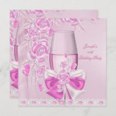 誕生日パーティーホワイトピンクフラワーピンクシャンパン 招待状 (正面/裏面)