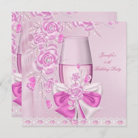 誕生日パーティーホワイトピンクフラワーピンクシャンパン 招待状 (正面/裏面)