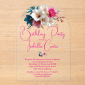 誕生日パーティーホワイトブルーピンクの花 アクリル招待状 (正面)