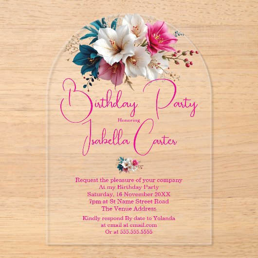 誕生日パーティーホワイトブルーピンクの花 アクリル招待状 (正面)