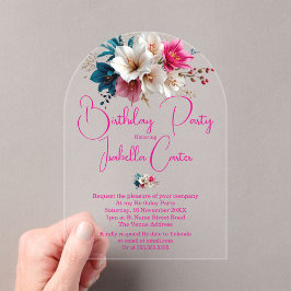 誕生日パーティーホワイトブルーピンクの花 アクリル招待状