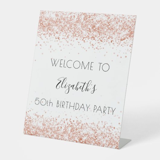 誕生日パーティーホワイトローズ金ゴールドグリッター歓迎 台座サイン (正面)