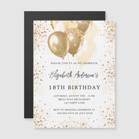 誕生日パーティーホワイト金ゴールドグリッターバルーン贅沢 マグネット招待状 (正面/裏面)