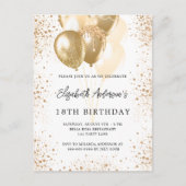 誕生日パーティーホワイト金ゴールドグリッターバルーン インビテーションポストカード (正面)