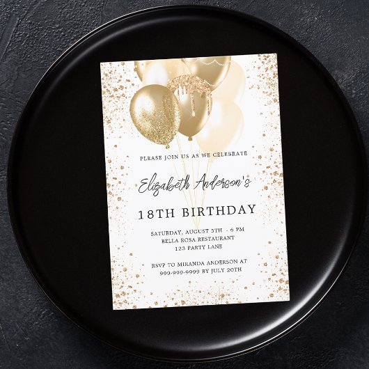 誕生日パーティーホワイト金ゴールドグリッターバルーン 招待状