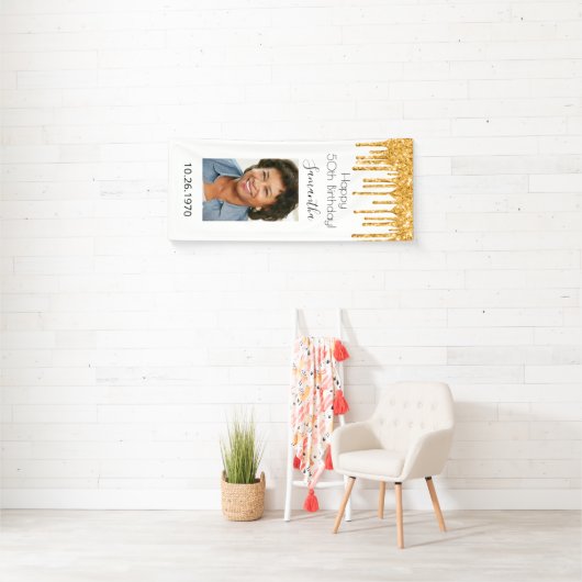 誕生日パーティーホワイト金ゴールドフォトグリッターGLAM 横断幕 (インサイチュ)