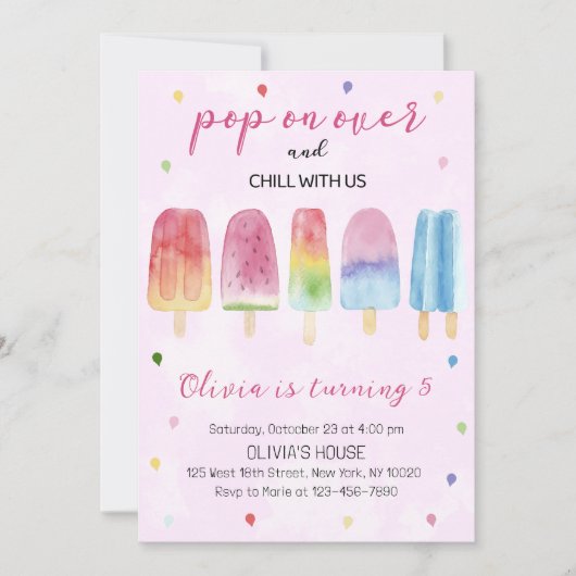 誕生日パーティーポップ・アートのの上のピンクのポプシクルアイスクリーム 招待状 (正面)