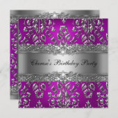 誕生日パーティーマゼンタシルバーダマスク 招待状 (正面/裏面)