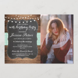 誕生日パーティーミントチェックチョ素朴ークウッド写真 招待状