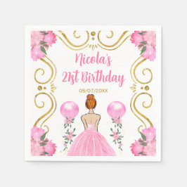 誕生日パーティーレッドヘアプリンセスインピンク スタンダードカクテルナプキン