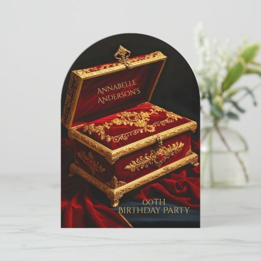 誕生日パーティーヴィンテージ金ゴールド赤い宝石ボックス 招待状 (スタンド正面)