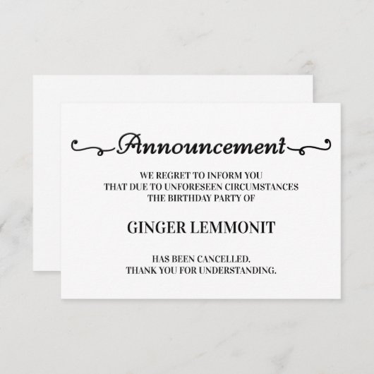 誕生日パーティー中止のお知らせカード 案内状 (正面/裏面)