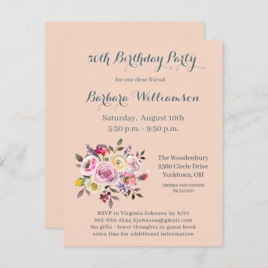 誕生日パーティー任意の年齢の水色の花 招待状 (正面/裏面)