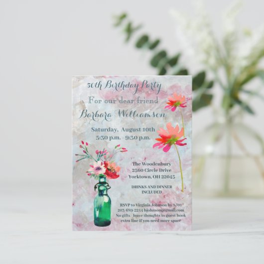 誕生日パーティー任意の年齢の水色の花 招待状 (スタンド正面)