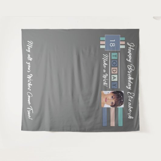 誕生日パーティー任意の年齢フォトグレー18背景 タペストリー (正面(横))