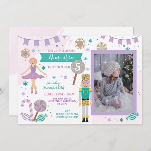 誕生日パーティー写真くるみクラッカークリスマスバレエ 招待状 (正面/裏面)