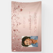 誕生日パーティー写真バラ金ゴールドピンクの星 横断幕 (縦)