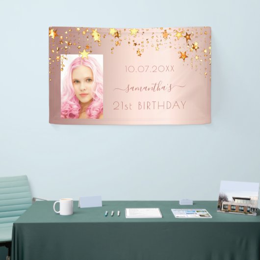 誕生日パーティー写真バラ金ゴールドピンクの星 横断幕 (トレードショー)