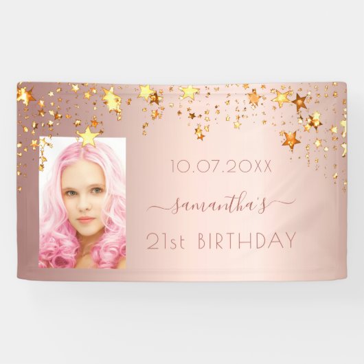 誕生日パーティー写真バラ金ゴールドピンクの星 横断幕 (横)