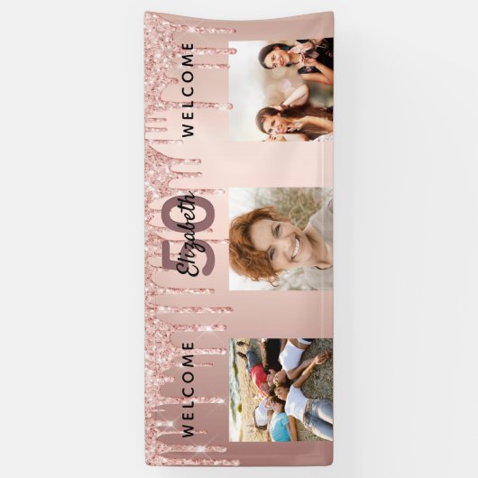 誕生日パーティー写真バラ金ゴールドピンクの滴 横断幕 (縦)