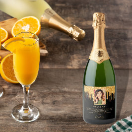 誕生日パーティー写真ブラックグリッター金ゴールドへようこそ スパークリングワインラベル