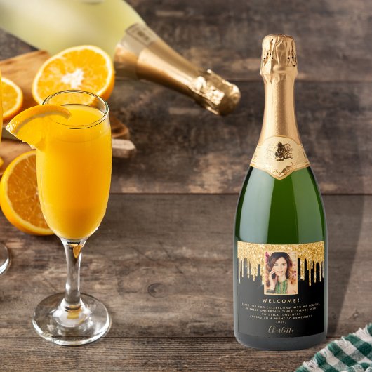 誕生日パーティー写真ブラックグリッター金ゴールドへようこそ スパークリングワインラベル