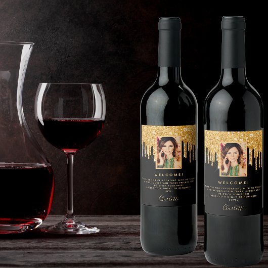 誕生日パーティー写真ブラックグリッター金ゴールドへようこそ ワインラベル