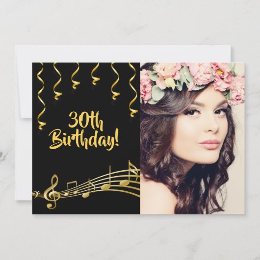 誕生日パーティー写真ブラック金ゴールドガラス 招待状 (正面)