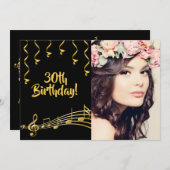 誕生日パーティー写真ブラック金ゴールドガラス 招待状 (正面/裏面)