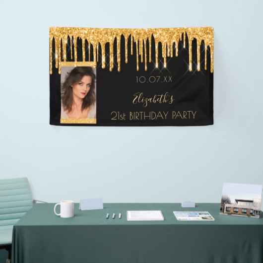 誕生日パーティー写真ブラック金ゴールドグリッターへようこそ 横断幕 (トレードショー)